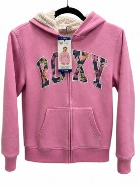 NWT Roxy Girl Pink Sherpa Lined Full Zip Floral Logo Hoodie Jacket L 14/16